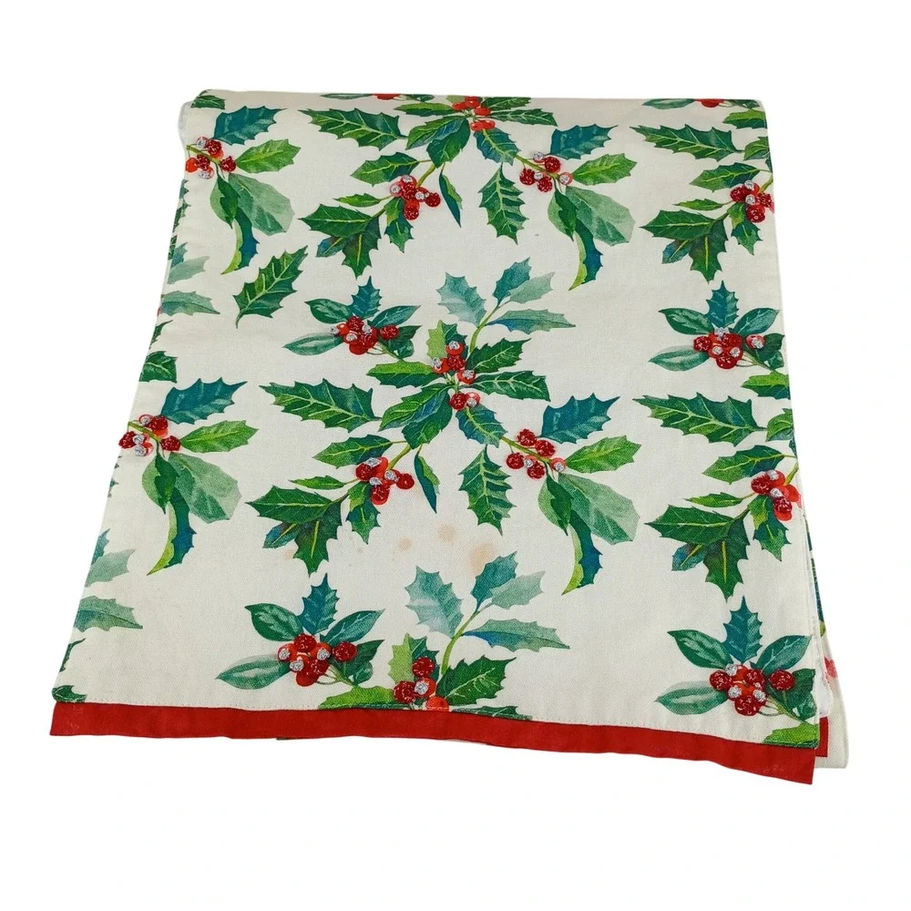 Secret Celebrity Christmas Holly Berry Table Runner White Red Green Glitter 68in